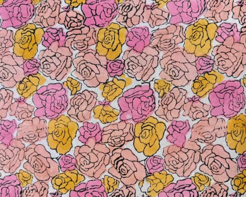 Pink & Yellow Rose Floral Cotton Fabric by the Yard, Hand Printed Indian Cotton, Vintage Flower Fabric, Napkins, Table Runner, Tea Coaster