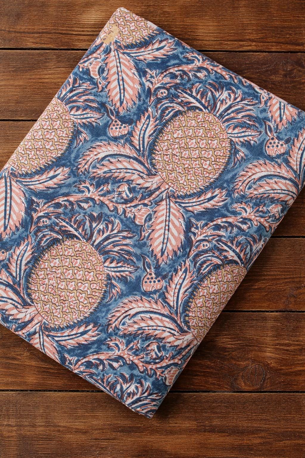 Pineapple Block Print Cotton Fabric | Blue Handmade Indian Cotton Cloth | Floral Botanical Sewing Quilting Dress Material | Running Fabric