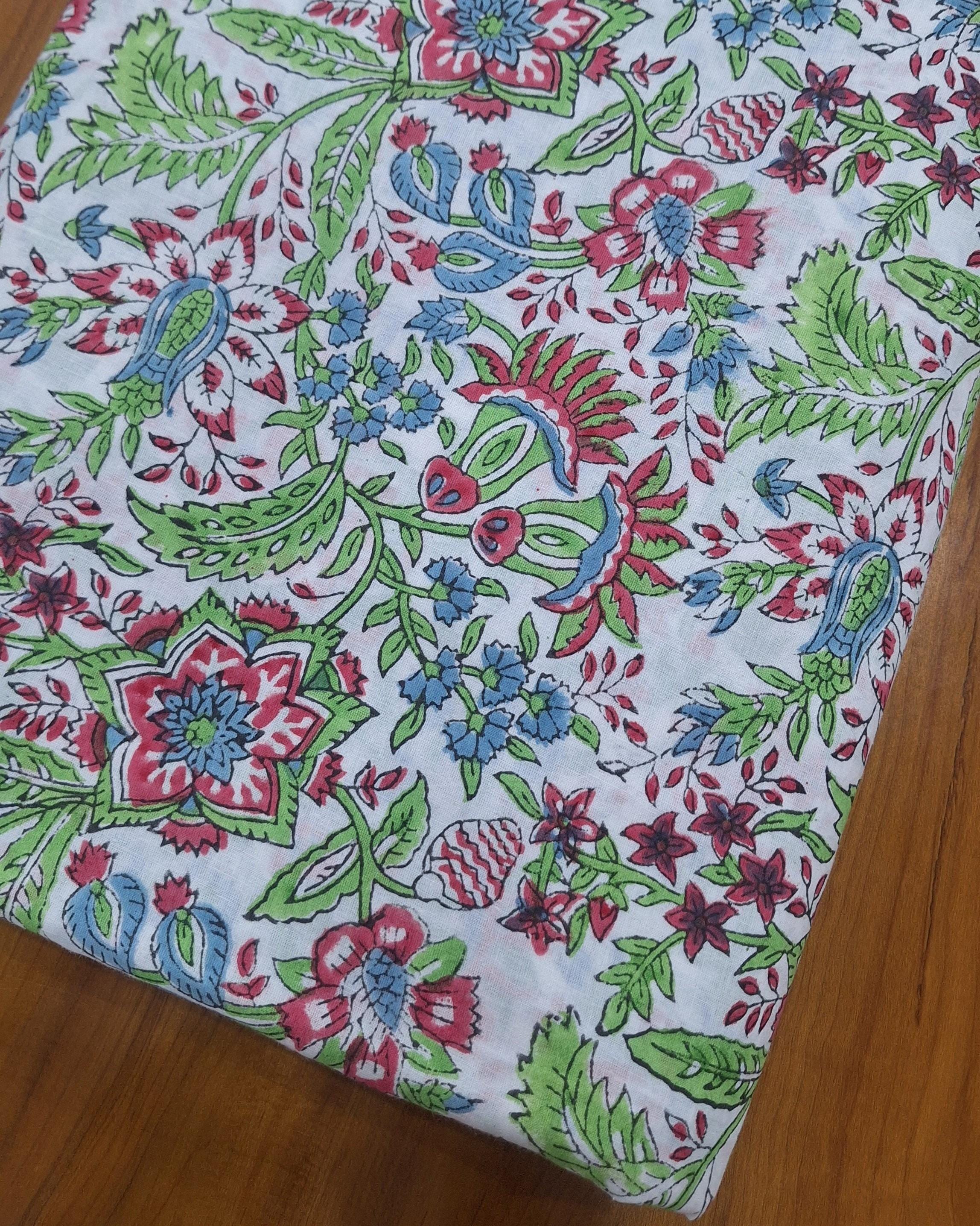 Hand Block Print Cotton Fabric, Floral Indian Cotton Fabric, Soft Lightweight Cotton Cloth, Dressmaking Fabric, Quilting Fabric Craft Fabric