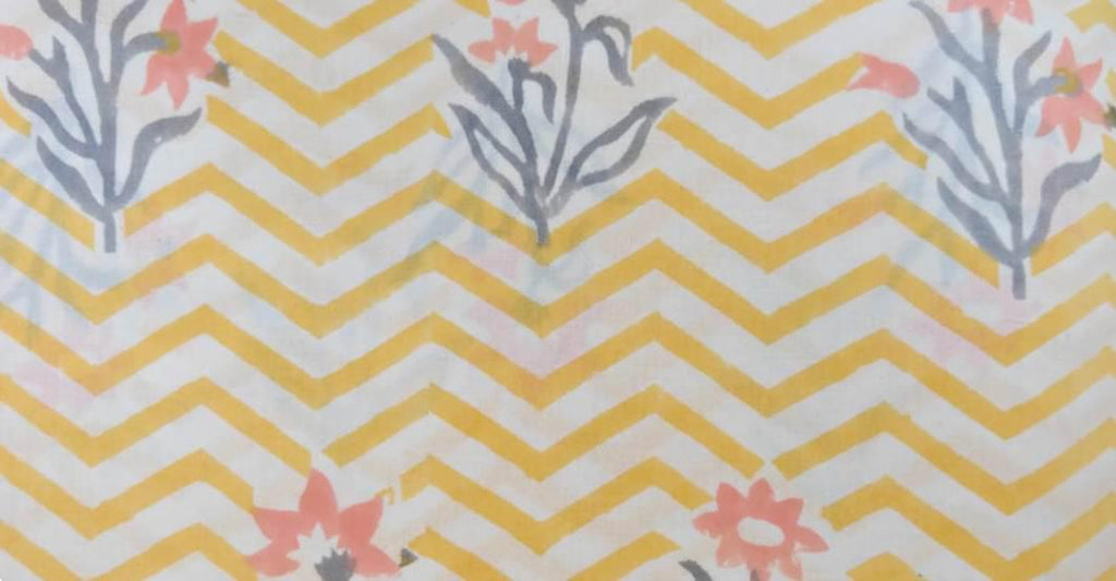 Yellow Chevron Floral Cotton Fabric | Indian Block Print Cotton Fabric | Mustard Zig Zag Fabric | Craft Fabric | Dressmaking Cotton Fabric