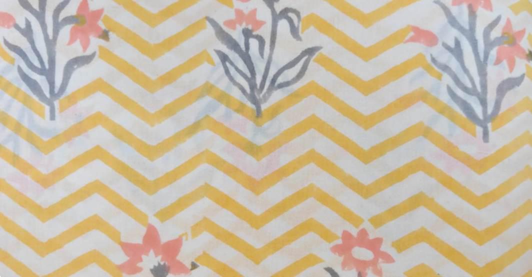 Yellow Chevron Floral Cotton Fabric | Indian Block Print Cotton Fabric | Mustard Zig Zag Fabric | Craft Fabric | Dressmaking Cotton Fabric