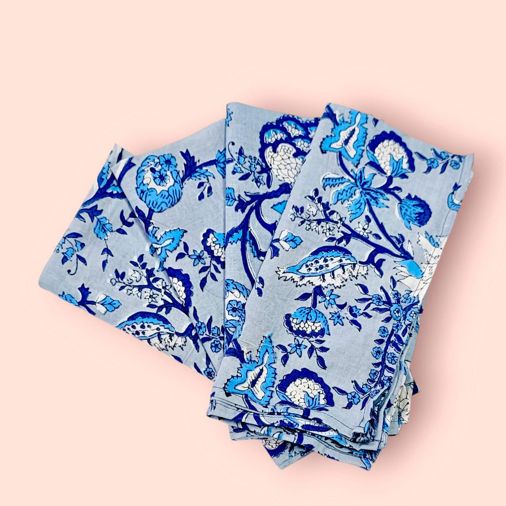 Blue Floral Hand Block Printed Cotton Napkins: Indian Dining Decor, Set of 4