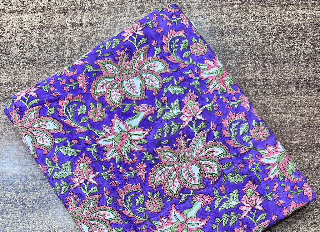 Purple Floral Hand Block Print Cotton Fabric, Indian Block Printed Fabric by Yard, Boho Flower Cotton Fabric for Dressmaking, Quilting