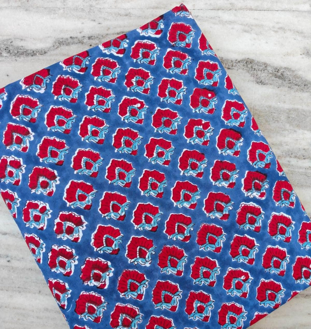 Blue Red Floral Cotton Fabric by Yard, Indian Block Print Cotton Fabric, Boho Floral Fabric, Quilting Sewing Fabric Dressmaking Craft Cotton