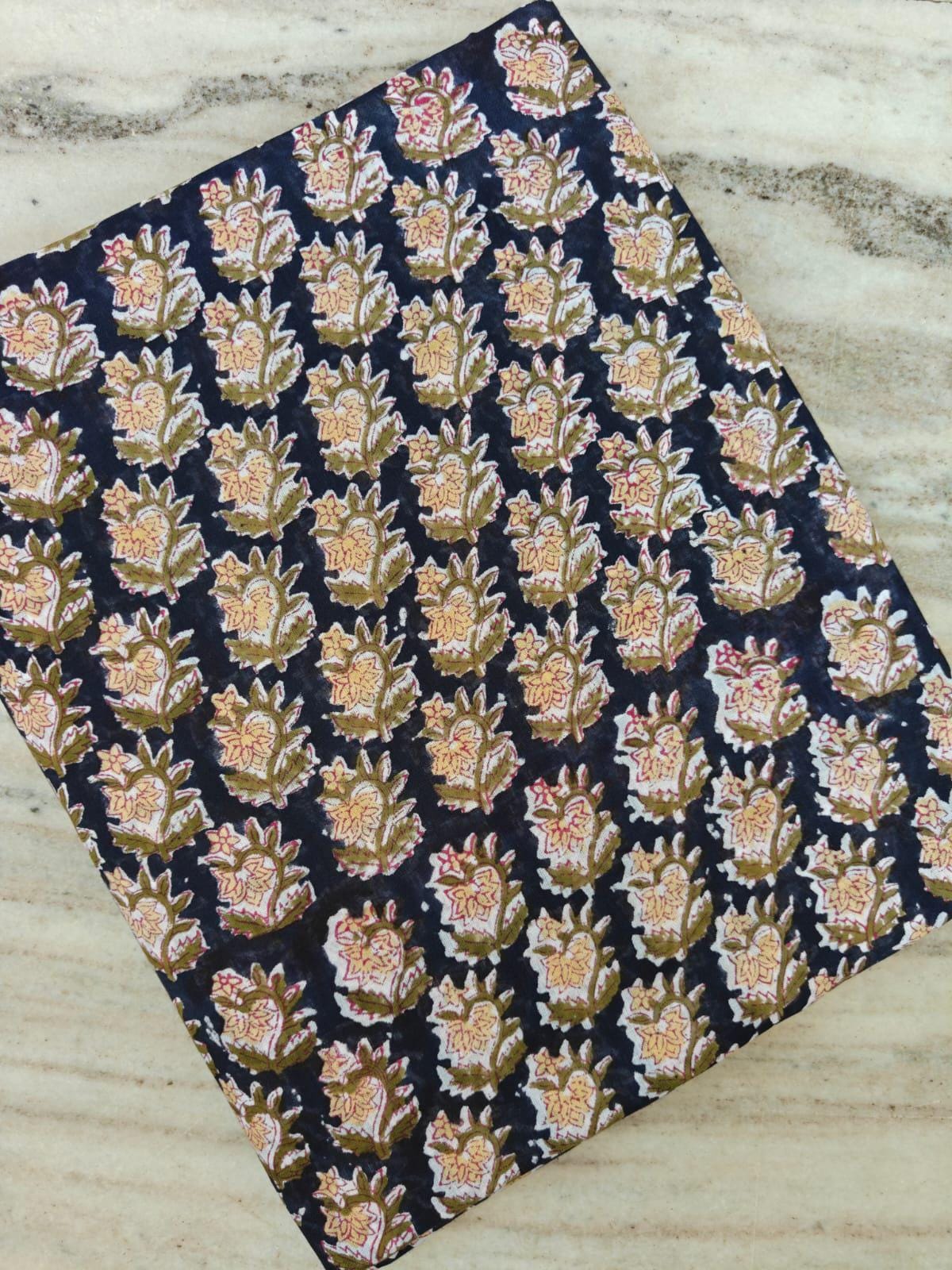 Hand Block Print Cotton Fabric, Navy Blue Floral Fabric, Indian Cotton Textile, Handmade Printed Fabric, Dressmaking Quilting Craft Fabric