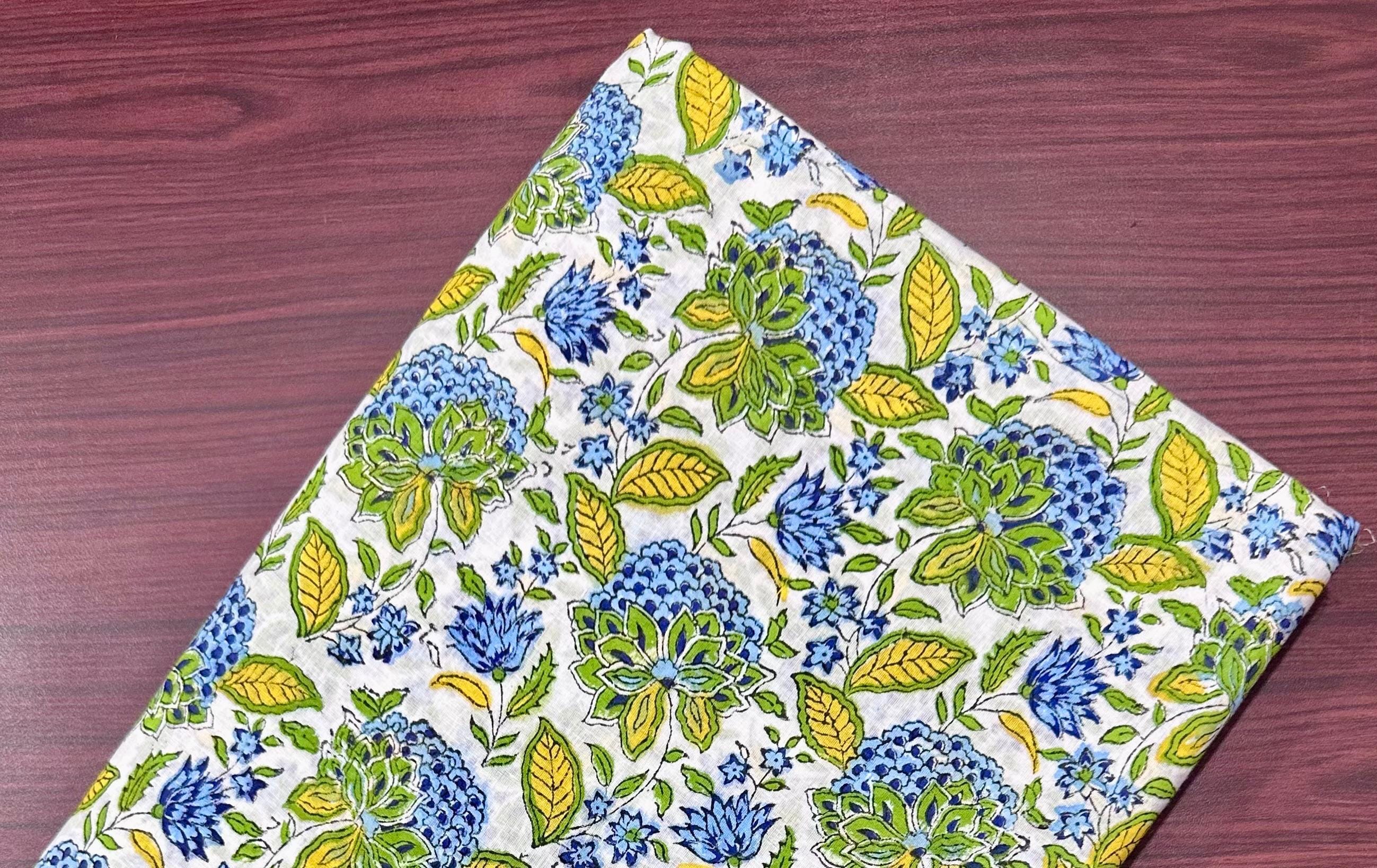 Green Blue Print Cotton Fabric, Multi Color Fabrics, Hand Block Print, Indian Cotton Textile, Sewing Quilting, Loose Running Fabric