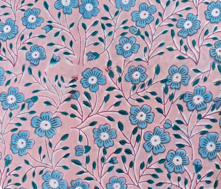 Pink Blue Designer Hand Block Print Fabric, Floral 100% Cotton Quilting Fabric By The Yard, Fabric For Dress Making, Loose Running Fabric