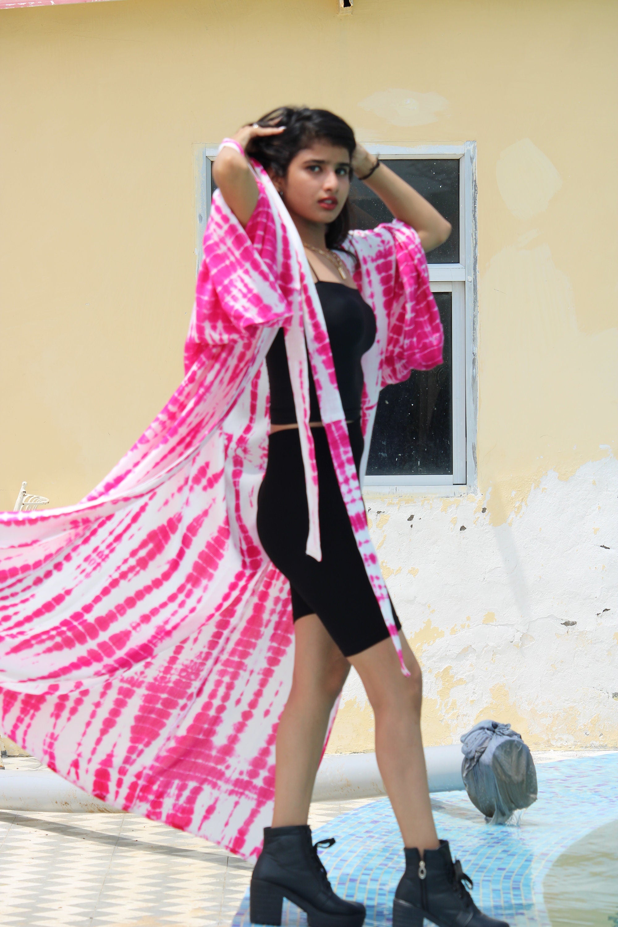 Pink Tie Dye Rayon Kimono Robe - Long Sleeve Duster