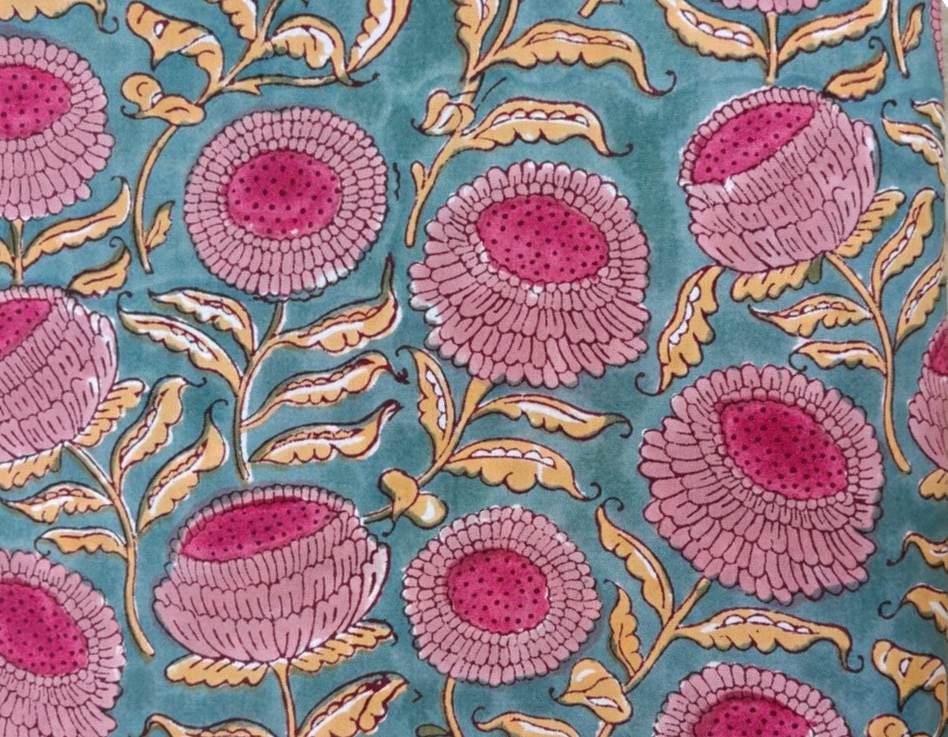 Teal Blue Floral Cotton Fabric, Pink Block Print Fabric, Indian Hand Printed Textile, Boho Sewing Fabric by Yard, Fabric For Dress Making
