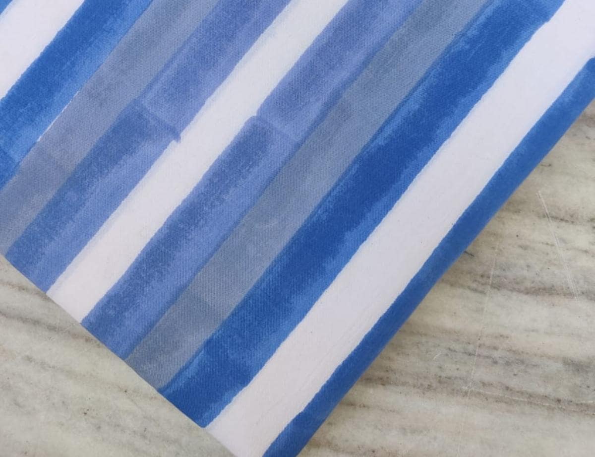 Blue White Stripe Cotton Fabric, Indian Soft Handloom Look Print by the Yard, Summer Sewing, Textile Fabric Dressmaking Loose Running Fabric