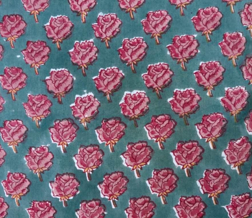 Teal Pink Floral Cotton Fabric, Small Block Print Flower Pattern, Indian Handmade Fabric, Boho Sewing Fabric by Yard, Loose Running Fabric