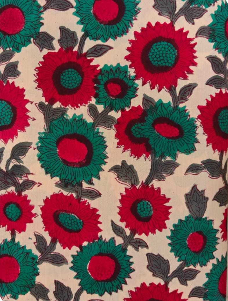 Vintage Sunflower Floral Cotton Fabric by the Yard, Red and Teal Sunflower Print on Beige, Vintage Style Flower Fabric Quilting Sewing Craft