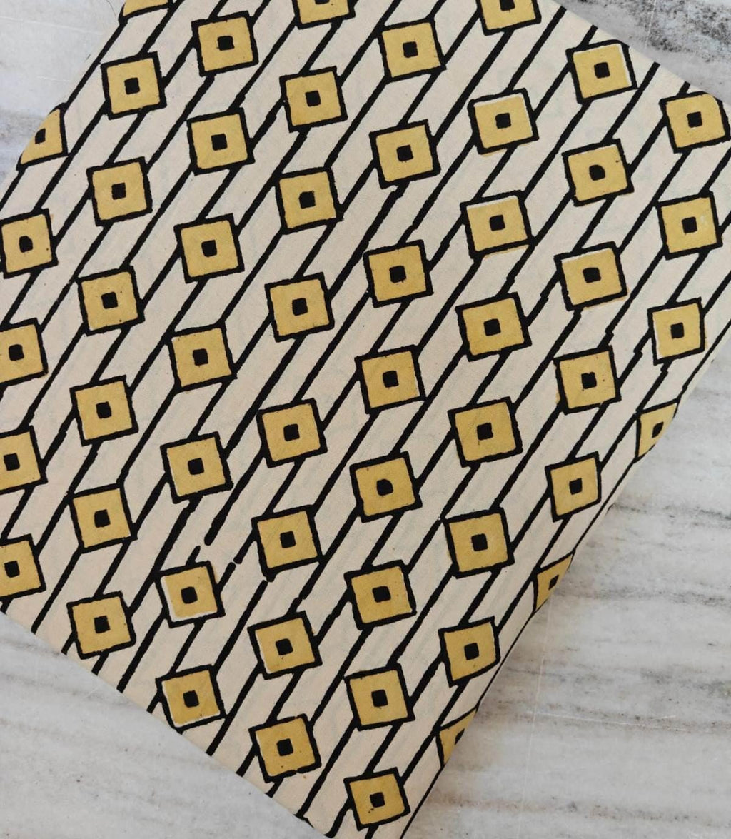 Geometric Cotton Fabric by the Yard – Mustard Yellow & Black Diamond Print on Cream – Modern Block Print Style Quilting and Craft Fabric