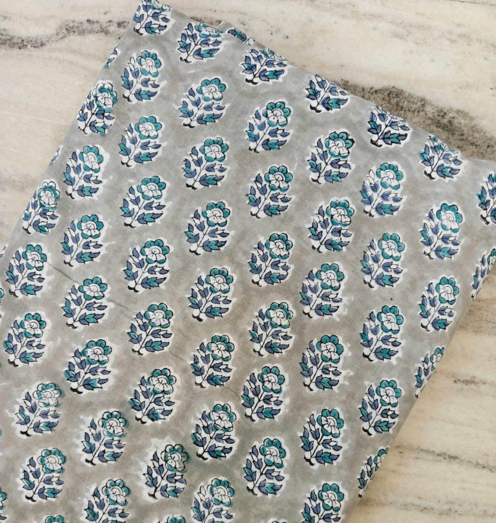 Grey Blue Cotton with Small Buti Floral Print Fabric, Hand Block Print Fabric by the Yard, Soft Indian Cotton for Quilting, Dressmaking
