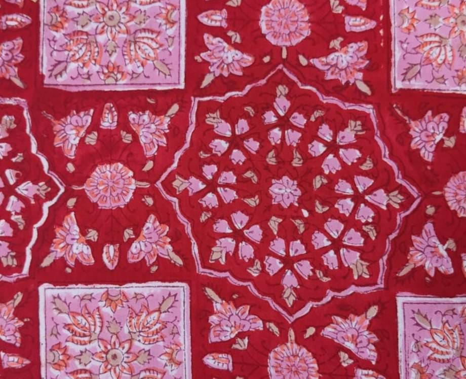Red Designer Hand Block Print Fabric, Floral Cotton Quilting Fabric By The Yard, Dressmaking Fabric, Loose Running Fabric, Textile Fabric
