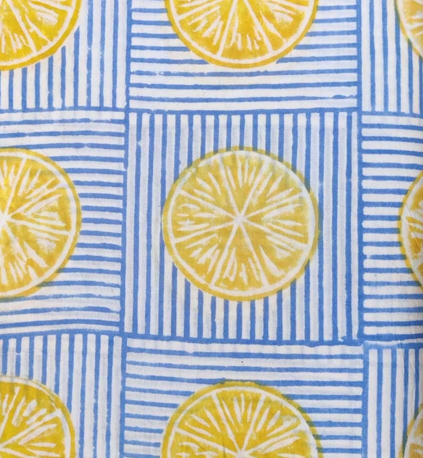 Blue Floral Cotton Fabric, Lemon Slice Hand Block Fabric Print by the Yard, Yellow Citrus Print on Striped Background, Indian Soft Cotton