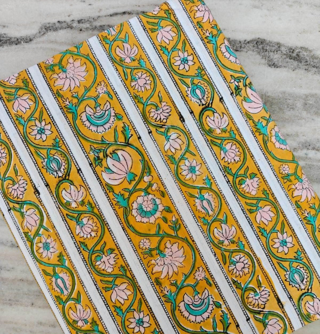 Yellow & White Floral Stripe Cotton Fabric by the Yard, Indian Block Print Cotton, Boho Border Print Fabric, Dressmaking Quilting Fabric
