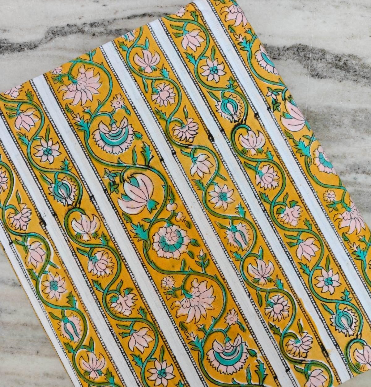 Yellow & White Floral Stripe Cotton Fabric by the Yard, Indian Block Print Cotton, Boho Border Print Fabric, Dressmaking Quilting Fabric