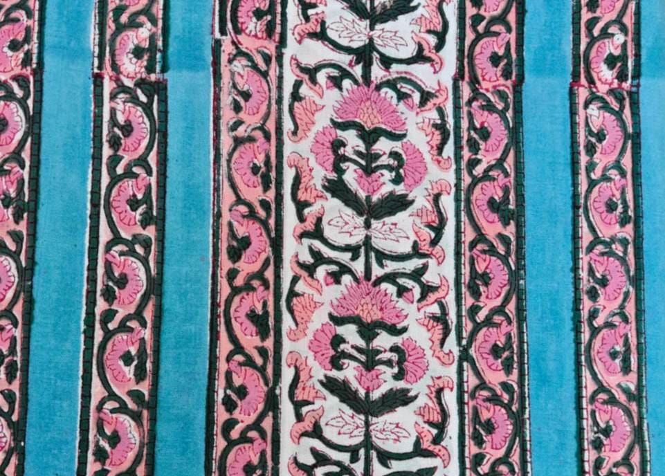 Pink Floral Block Print Cotton Fabric, Turquoise Stripe Indian Fabric, Hand Block Printed Cotton Yardage, Boho Craft Sewing Textile