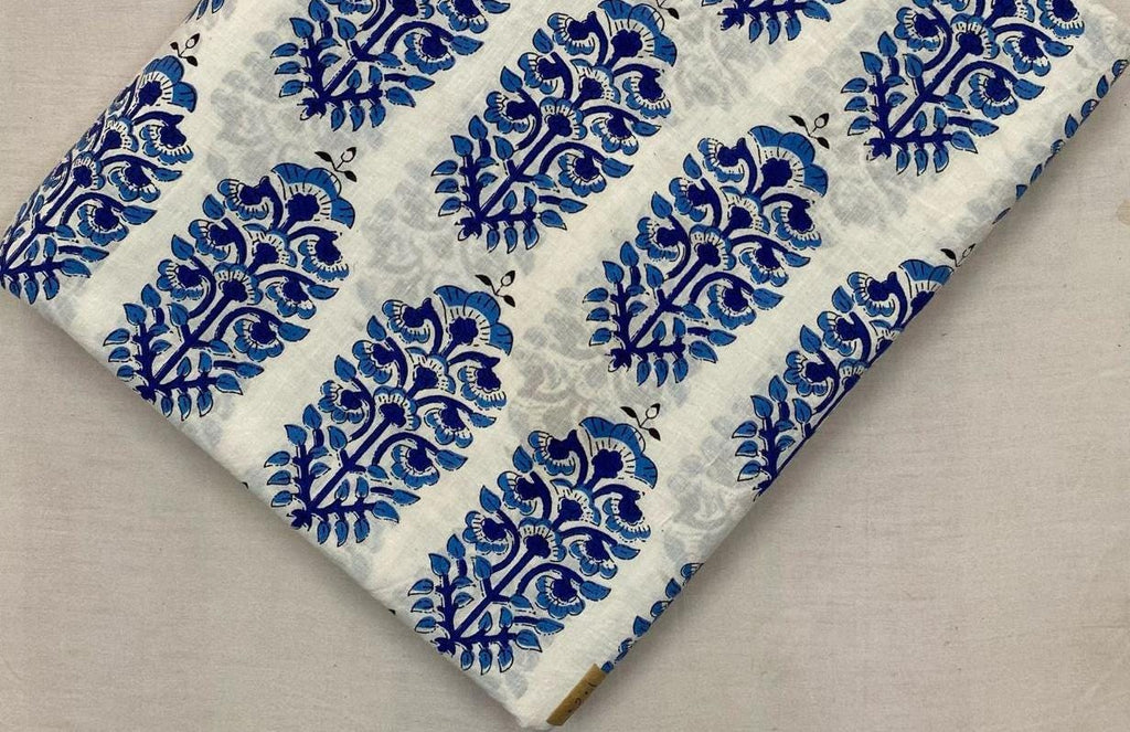 Indian Hand Block Print Fabric, Blue and White Floral 100% Cotton Quilting Fabric By The Yard, Fabric For Dress Making, Loose Running Fabric
