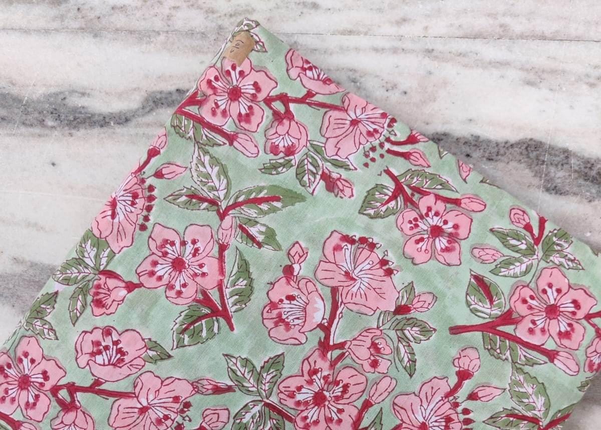 Green Floral Hand Block Print Cotton Fabric: Indian Quilting Textile