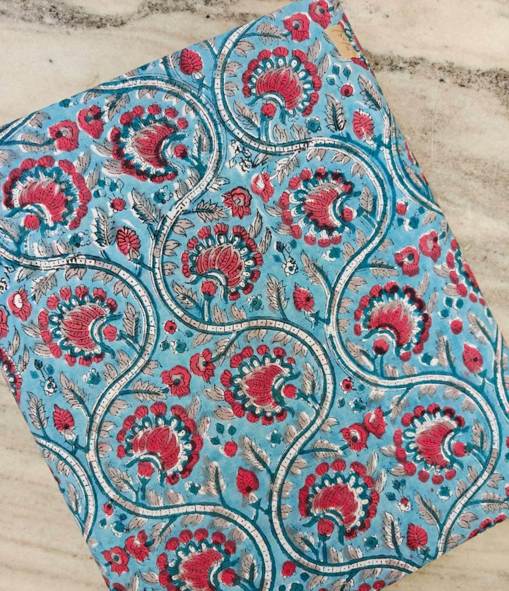 Turquoise Floral Cotton Fabric, Indian Block Print Fabric, Pink Flower Print Cotton, Hand Block Floral Fabric, Sewing Dress Making Fabric
