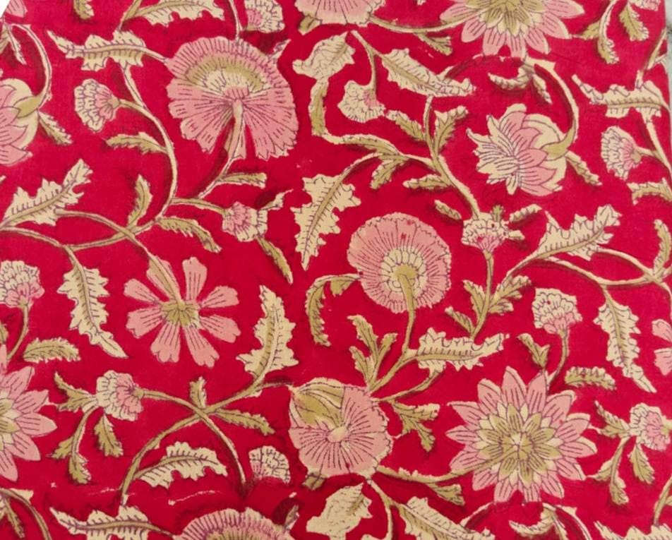 Red Beautiful Designer Hand Block Print Fabric, 100% Cotton Quilting Fabric By The Yard, Dressmaking Fabric, Loose Running Fabric