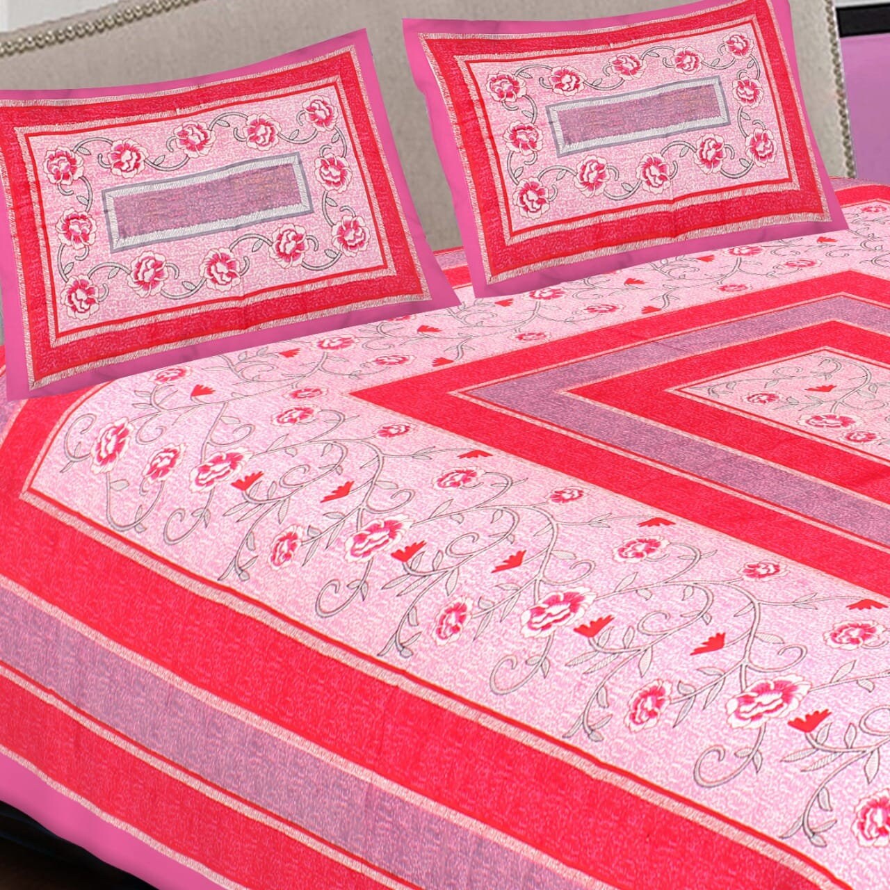 Pink border red base and grey leaf pattern cotton double bedsheet handmade jaipuri /rajasthani bedsheet double bed set queen size bedsheet