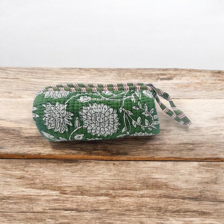 Green Floral Quilted Makeup Bag | Handmade Cotton Zipper Pouch | Block Print Cosmetic Bag | Travel Toiletry Organizer | Gift for Her