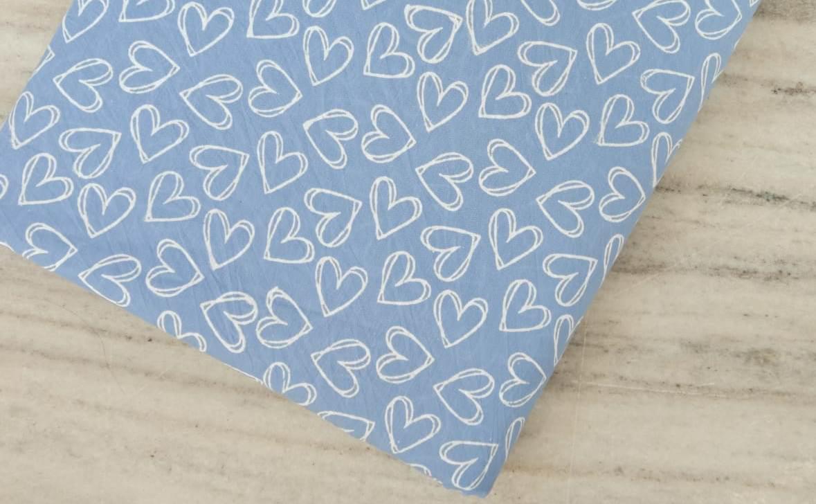Designer Blue Heart Print Cotton Fabric | Hand Block Print White Heart Pattern Fabric | Floral 100% Cotton Quilting Fabric By The Yard