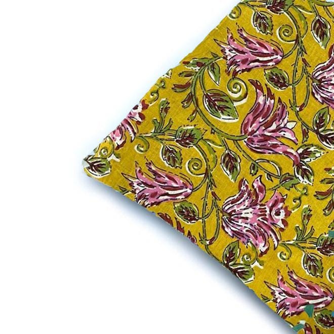 Mustard Floral Cotton Cushion Cover, Hand Block Print Pillow Cover, Pink Flower Print Throw Pillow, Boho Decorative Cushion, Home Decor