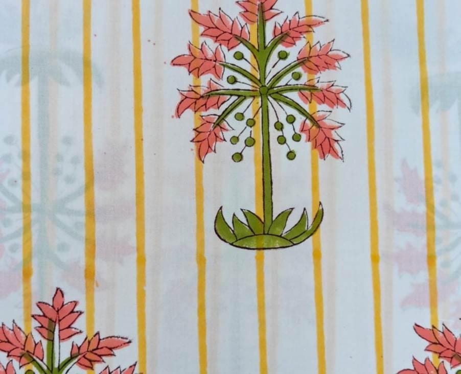 Striped Floral Cotton Fabric, Indian Block Print Cotton Fabric, Pink Flower Yellow Stripe Fabric by Yard, Boho Sewing Quilting Dressmaking