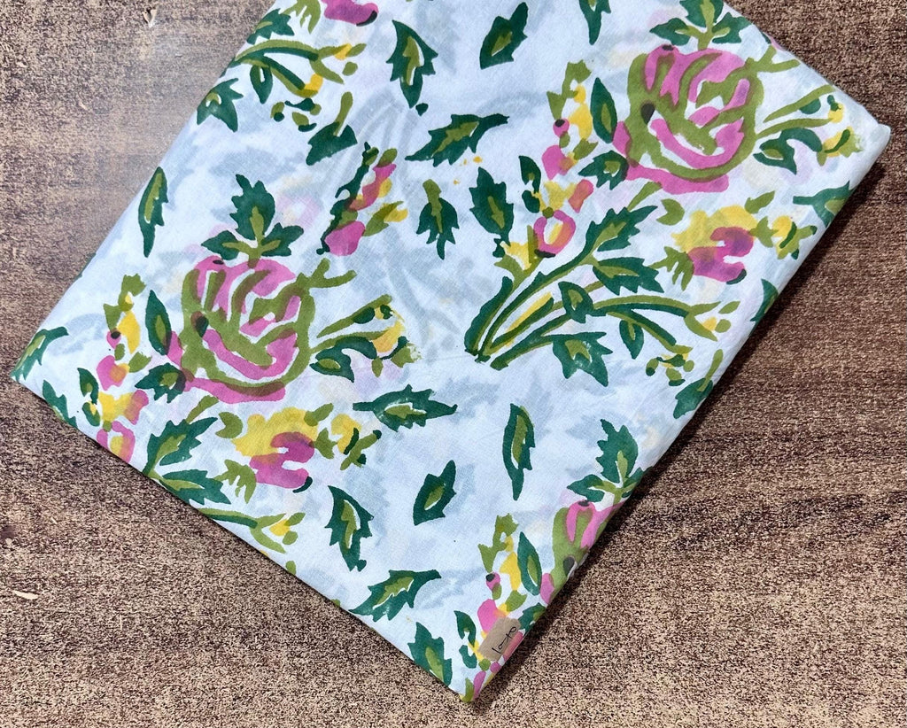 White Floral Hand Block Print Cotton Fabric – Indian Handmade Cotton Cloth, Soft Printed Fabric for Dressmaking, Quilting & Crafts, Fabrics