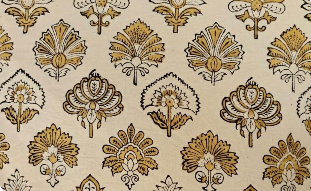 Mustard Floral Cotton Fabric by the Yard, Cream Block Print Style Fabric, Boho Indian Handblock Inspired, Fabric For Dress Making, Napkins