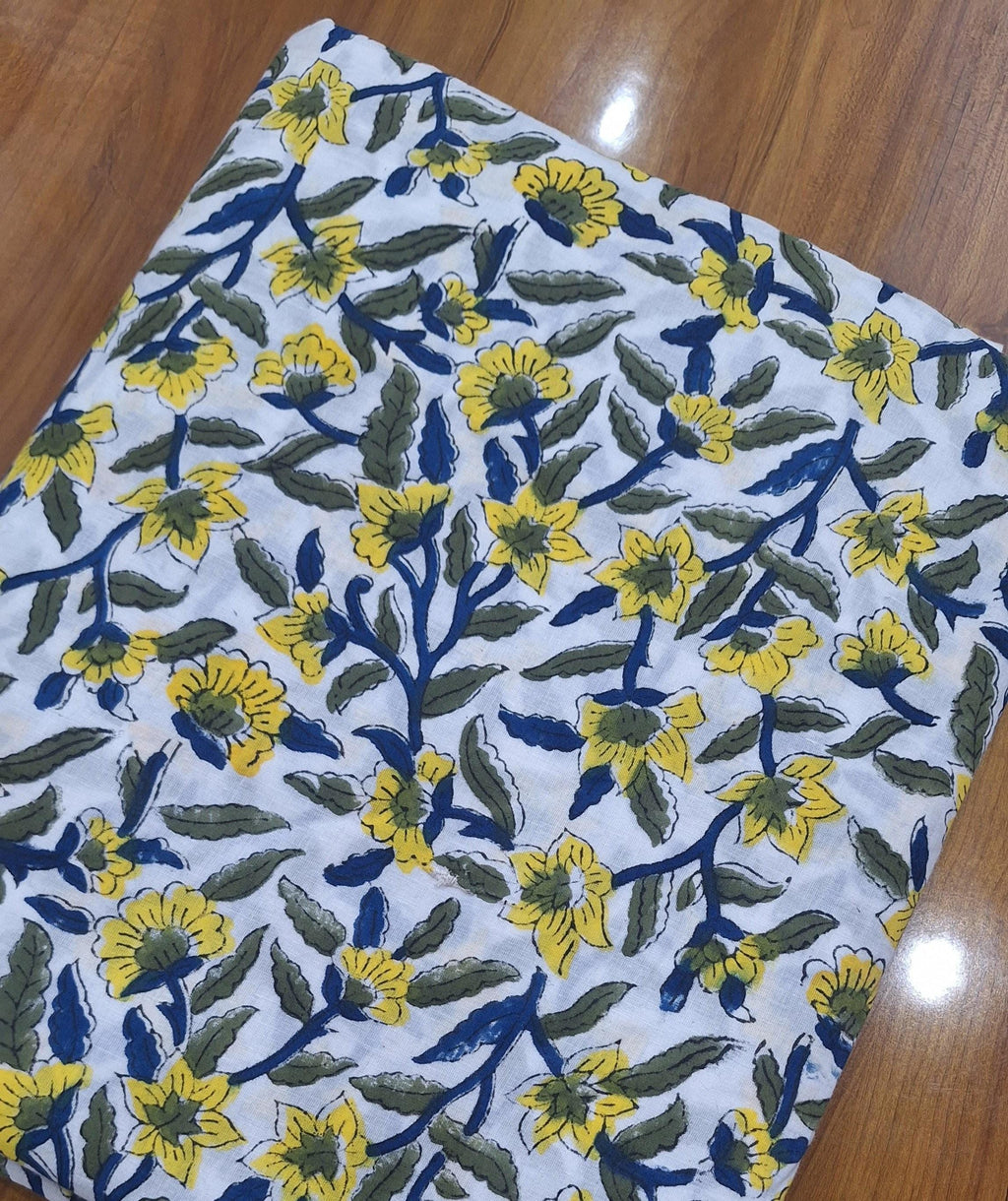 Yellow Floral Cotton Fabric, Hand Block Print Indian Fabric, Soft Lightweight Cotton Cloth for Dressmaking, Quilting, Sewing & DIY Crafts