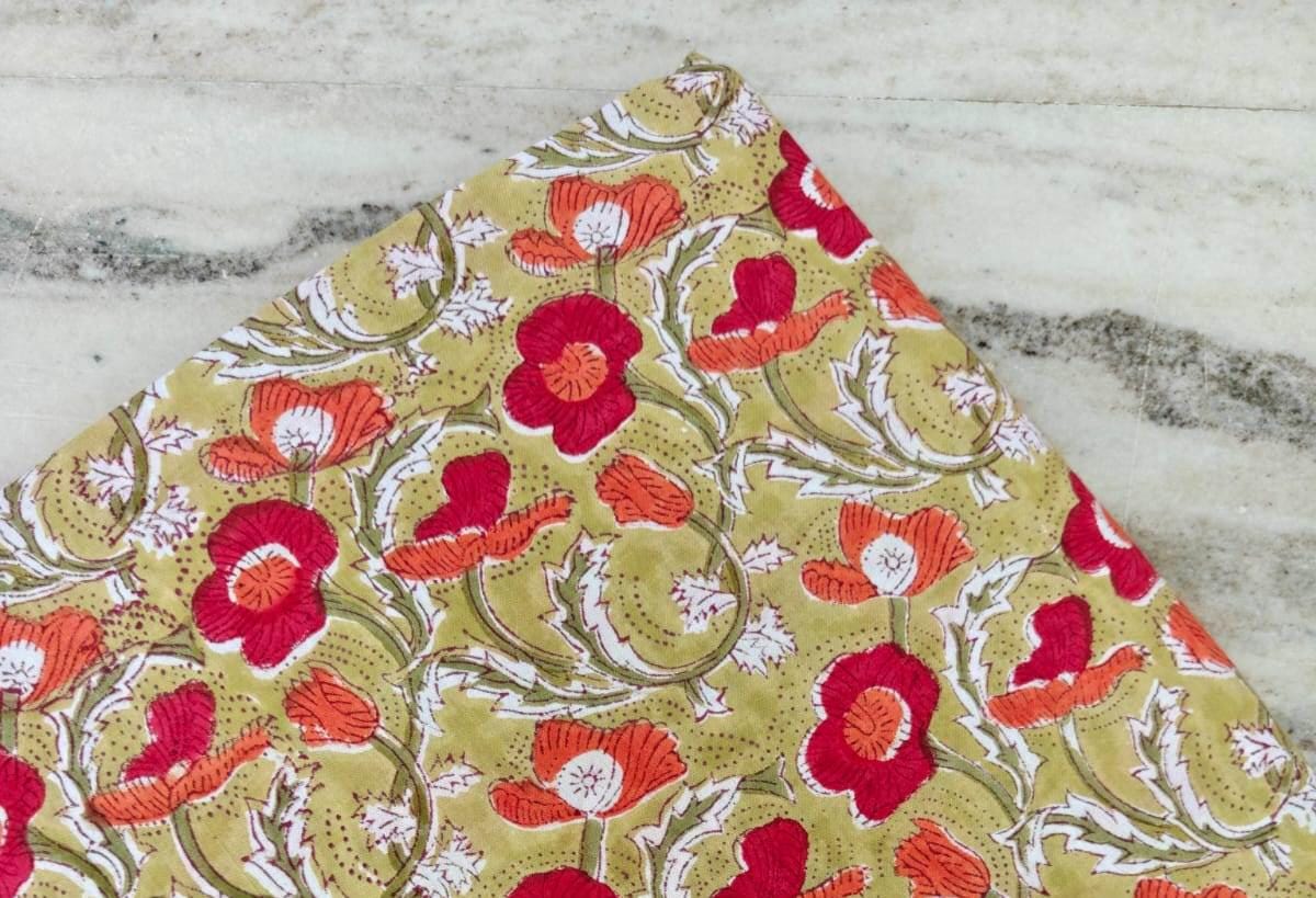Indian Hand Block Print Fabric, Floral 100% Cotton Quilting Fabric By The Yard, Fabric For Dress Making, Loose Running Fabric, Napkin Fabric