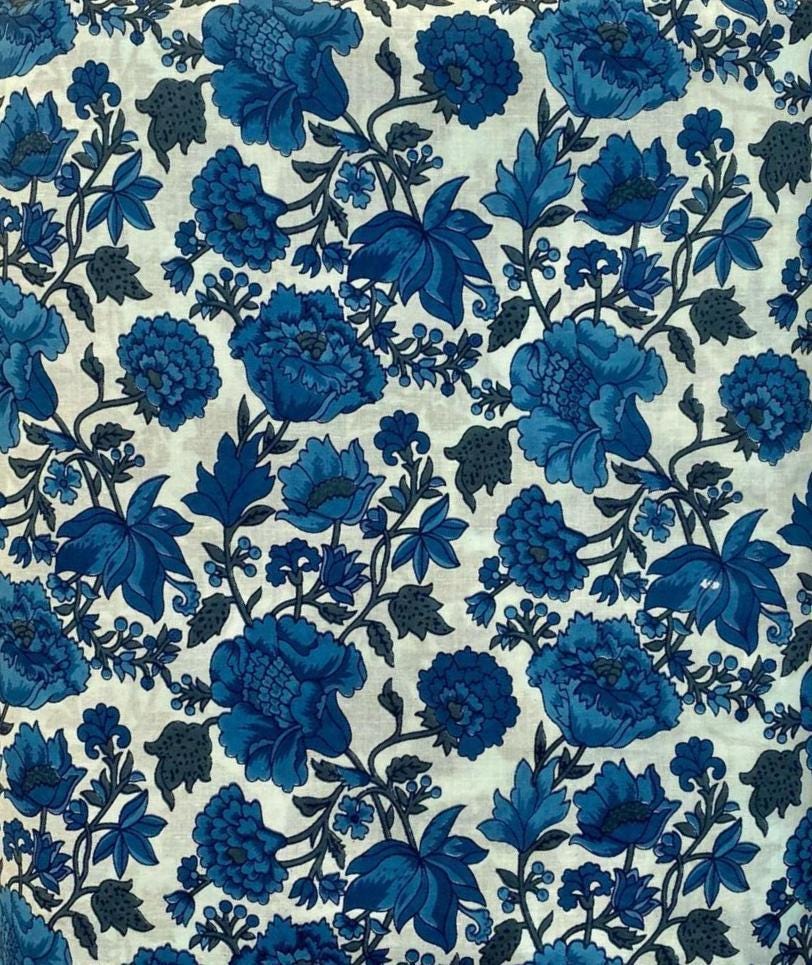 Blue Floral Cotton Hand Block Print Fabric, Floral 100% Cotton Quilting Fabric By The Yard, Loose Running Fabric, Textile Fabric, Gifts