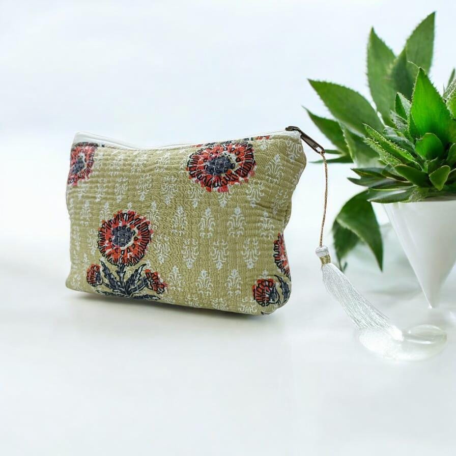 Cotton Floral Quilted Pouch | Handmade Zipper Bag with Tassel | Cosmetic Bag | Travel Makeup Pouch | Gift for Her | Indian Small Bags