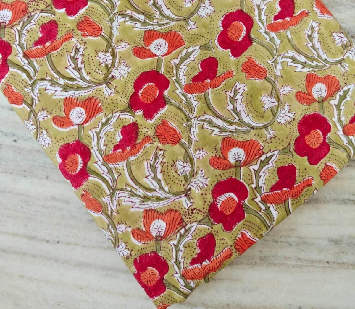 Indian Hand Block Print Fabric, Floral 100% Cotton Quilting Fabric By The Yard, Fabric For Dress Making, Loose Running Fabric, Napkin Fabric
