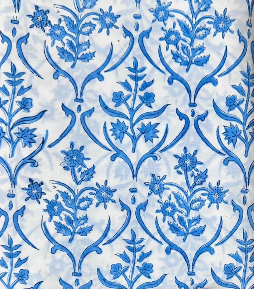 Blue Floral Cotton Fabric by the Yard | Hand Block Print Indian Cotton Fabric for Sewing, Quilting & Dressmaking | Printed Loose Fabric