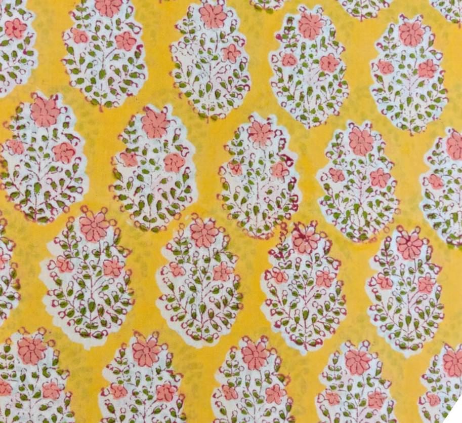 Yellow Floral Cotton Fabric – Pink Buta Block Print Fabric by the Yard – Indian Hand Block Print Style – Soft Quilting & Dressmaking Fabric