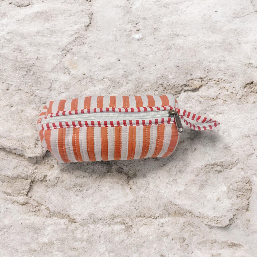 Orange Striped Quilted Makeup Pouch, Handmade Cotton Zip Bag, Small Travel Cosmetic Case with Wrist Loop, Boho Toiletry Pouch