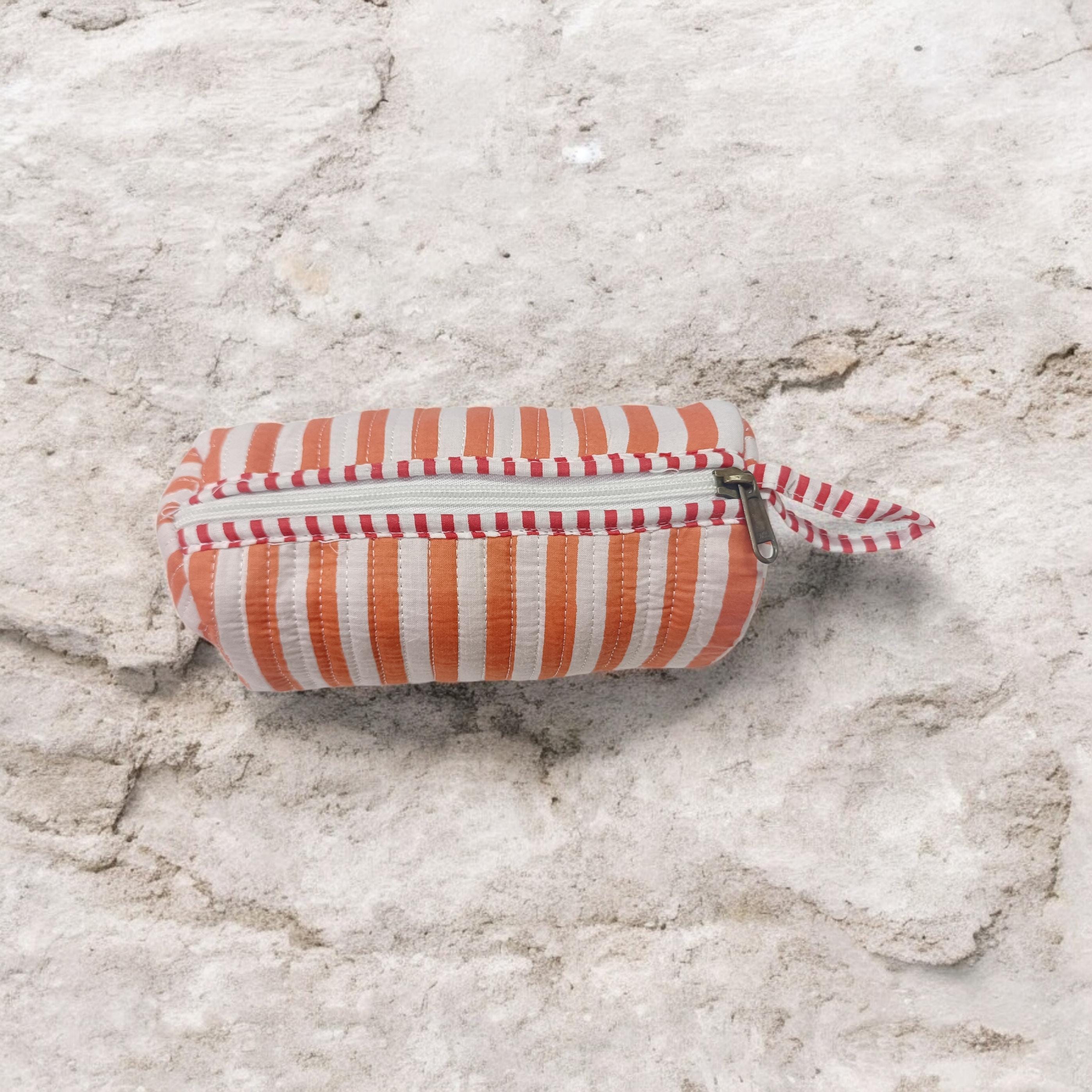 Orange Striped Quilted Makeup Pouch, Handmade Cotton Zip Bag, Small Travel Cosmetic Case with Wrist Loop, Boho Toiletry Pouch