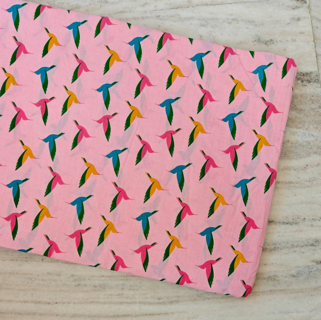 Pink Hummingbird Cotton Fabric, Colorful Bird Print Fabric, Quilting Cotton by the Yard, Sewing Craft Fabric, Nature Animal Fabric, Running