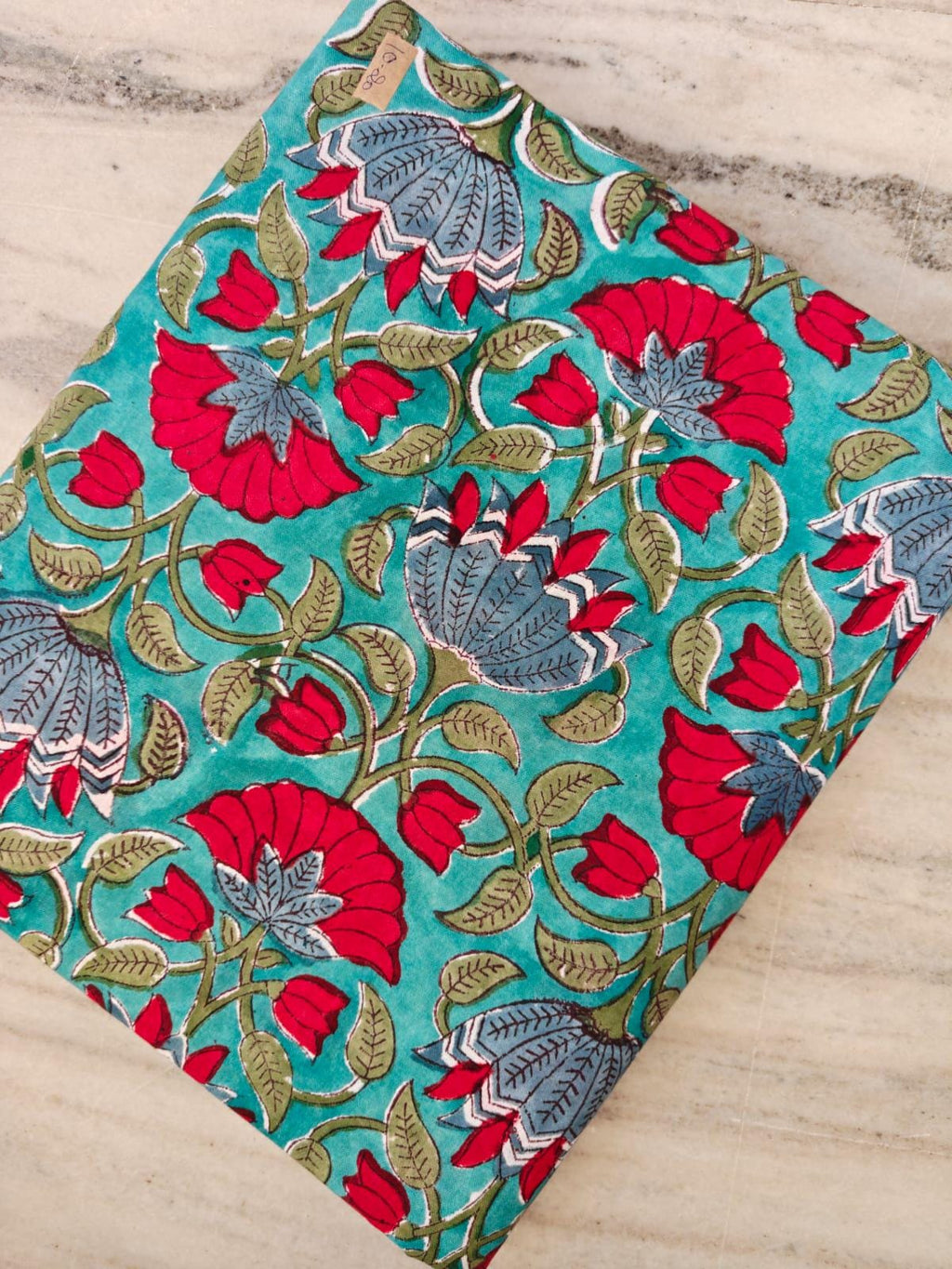 Hand Block Print Cotton Fabric, Floral Indian Fabric, Teal Red Flower Print, Soft Lightweight Cotton by Yard, Quilting Sewing Craft Fabric