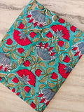 Hand Block Print Cotton Fabric, Floral Indian Fabric, Teal Red Flower Print, Soft Lightweight Cotton by Yard, Quilting Sewing Craft Fabric