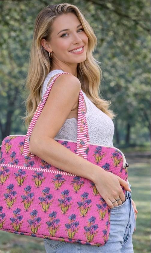 Handmade Quilted Laptop Bag | Floral Fabric Office Tote | Cotton Carry Bag with Handles | Zipper Work Bag | Gift for Women | Gift For Her