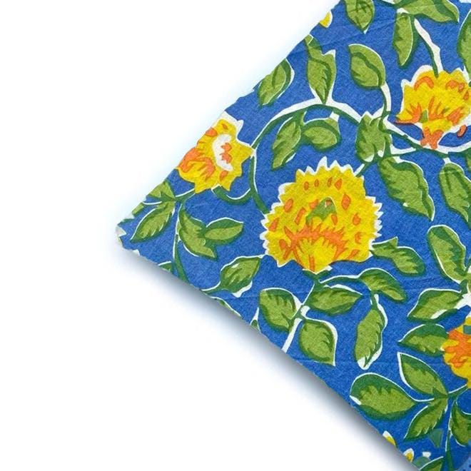 Yellow Floral Cotton Cushion Cover | Hand Block Print Pillow Case | Blue Boho Sofa Decor | Decorative Square Cushion  | Christmas Gifts