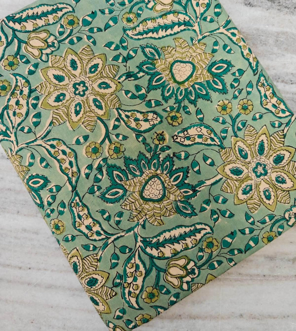 Teal Green Floral Cotton Fabric, Indian Hand Block Print Quilting Fabric By The Yard, Large Botanical Print, Dressmaking Quilting, Napkins