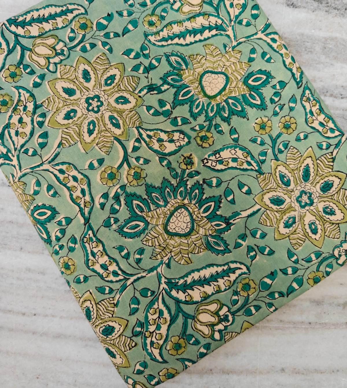 Teal Green Floral Cotton Fabric, Indian Hand Block Print Quilting Fabric By The Yard, Large Botanical Print, Dressmaking Quilting, Napkins